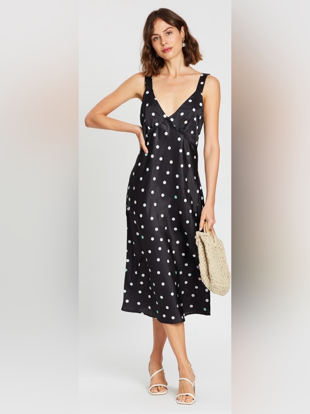 Charlie Holiday Tay Black Midi Polka Dot Slip Dress | S